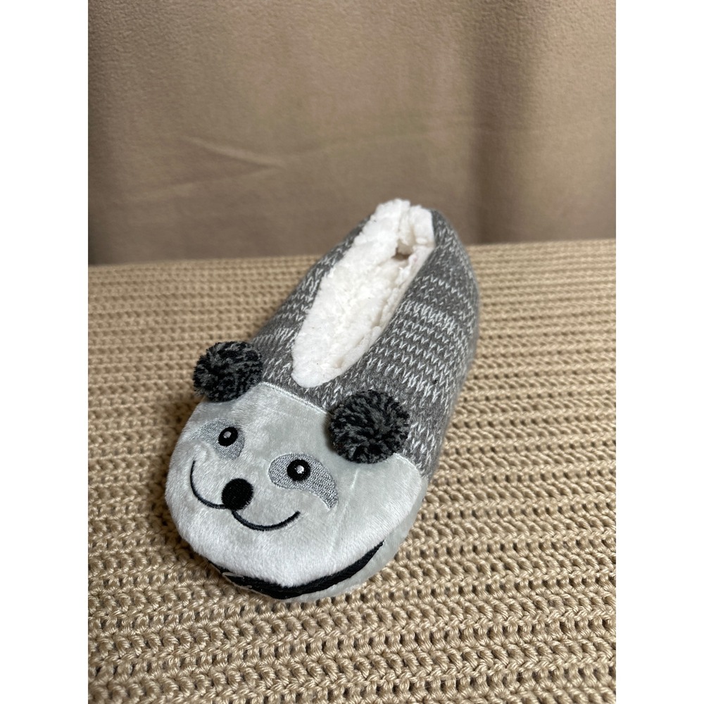 Womens Bear Knit Slippers Grey Faux Shearling Lined House Shoes Pom Pom Ears